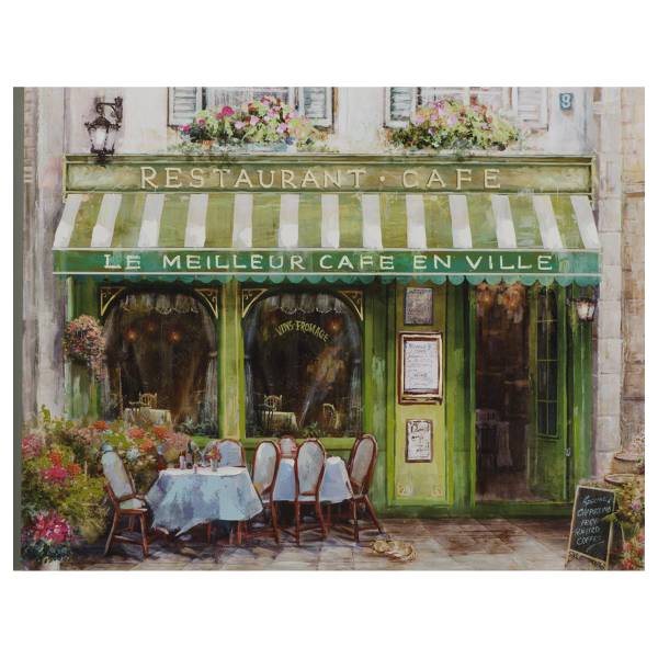 Leinwandbild Französisches Café in grün Leinwand / Pinie massiv - Weiß / Grün / Braun