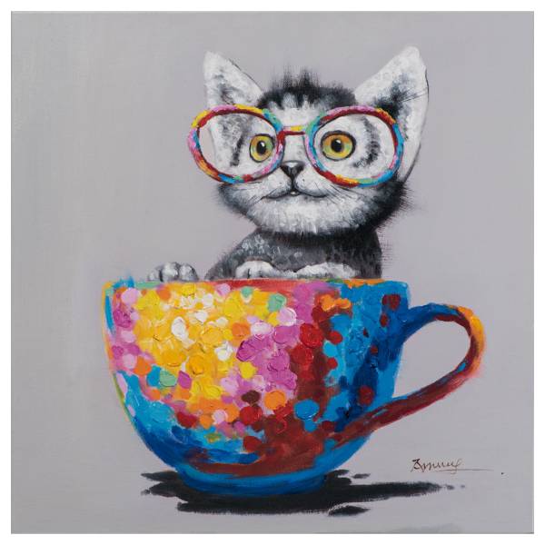 Toile décor Chat dans tasse colorée Toile / Sapin massif - Rouge / Bleu / Jaune / Multicolore