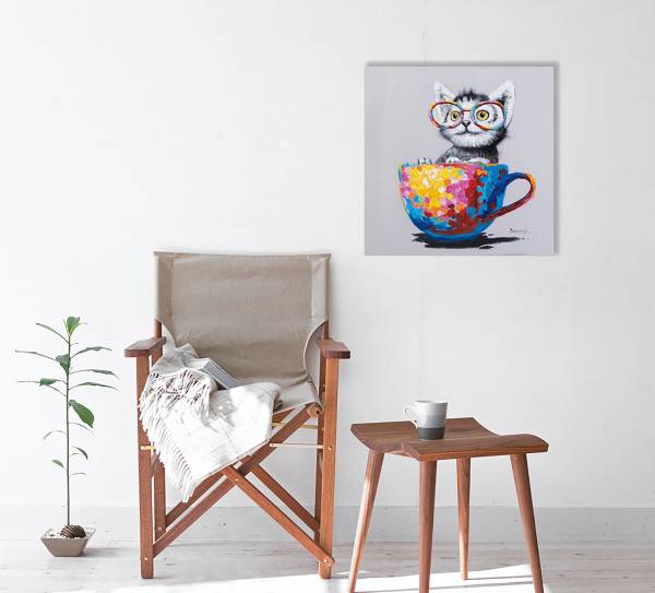 Toile décor Chat dans tasse colorée Toile / Sapin massif - Rouge / Bleu / Jaune / Multicolore