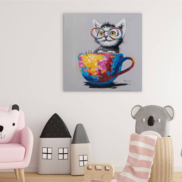 Toile décor Chat dans tasse colorée Toile / Sapin massif - Rouge / Bleu / Jaune / Multicolore