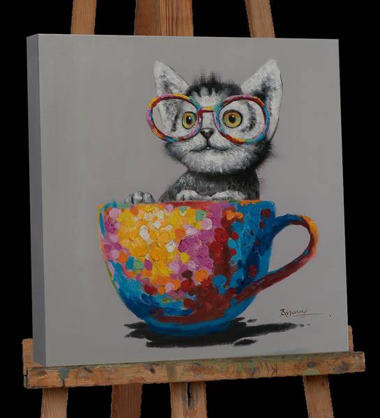 Toile décor Chat dans tasse colorée Toile / Sapin massif - Rouge / Bleu / Jaune / Multicolore