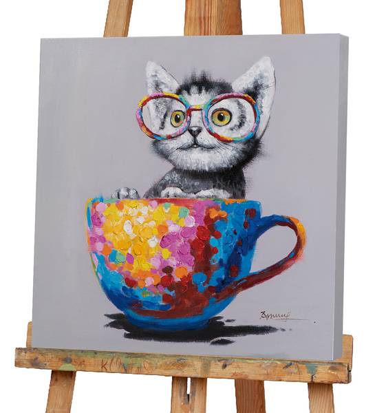 Toile décor Chat dans tasse colorée Toile / Sapin massif - Rouge / Bleu / Jaune / Multicolore