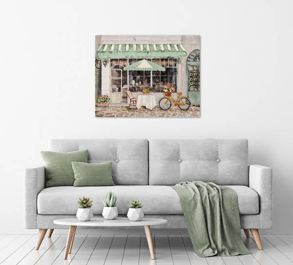 Leinwandbild Straßencafé in grün Leinwand / Pinie massiv - Mehrfarbig