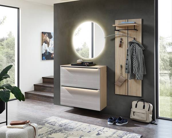 Beleuchtete Schuhkommode Ziana Basalt / Eiche Riva Eiche Dekor