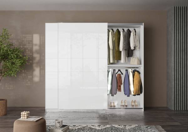 Schwebetürenschrank Swing Hochglanz Weiß / Matt Weiß - Breite: 257 cm - Ohne Spiegeltür/-en