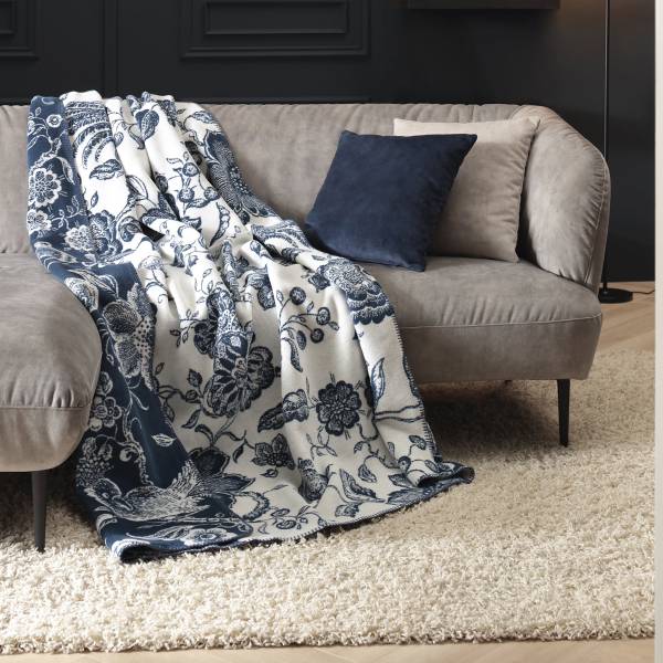 Tagesdecke Navy Peony Mischgewebe - Blau