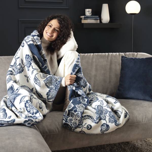 Tagesdecke Navy Peony Mischgewebe - Blau