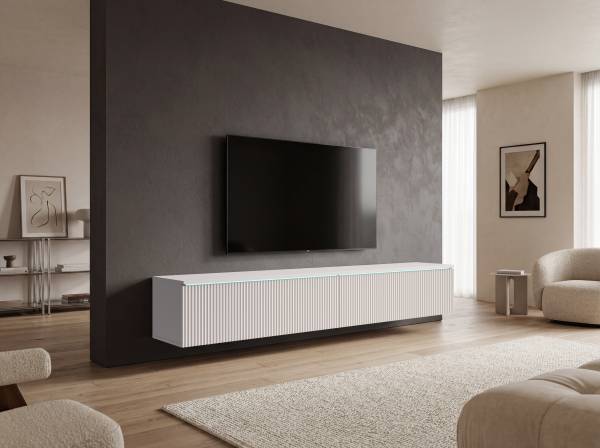 TV-Lowboard Minnas - 180 cm geriffelt Inkl. Beleuchtung - Weiß