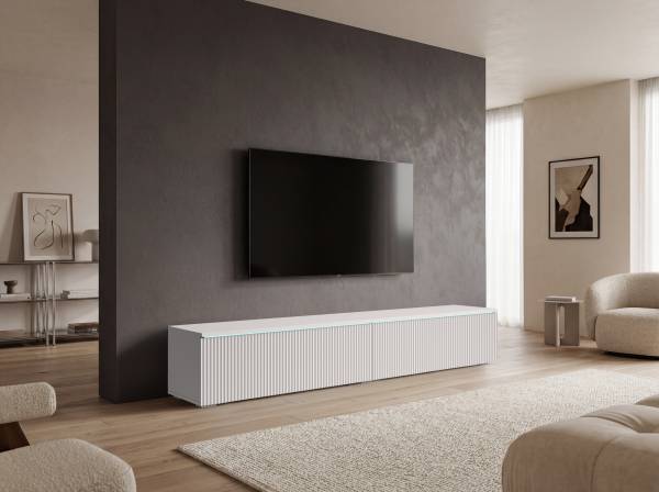 TV-Lowboard Minnas - 180 cm geriffelt Inkl. Beleuchtung - Weiß
