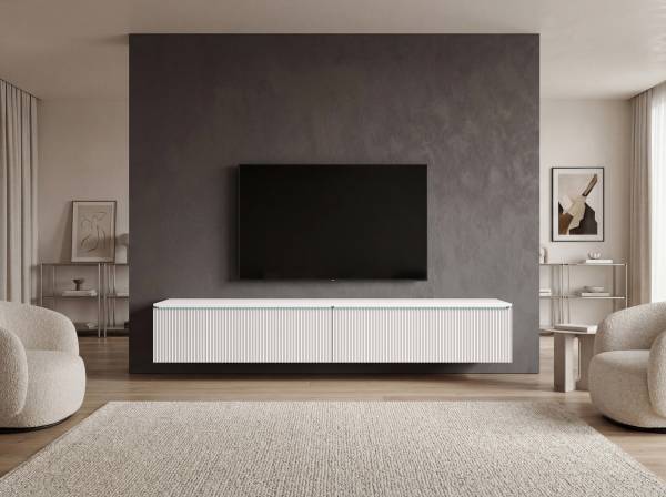 TV-Lowboard Minnas - 180 cm geriffelt Inkl. Beleuchtung - Weiß