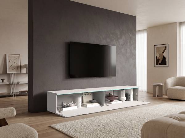 TV-Lowboard Minnas - 180 cm geriffelt Inkl. Beleuchtung - Weiß