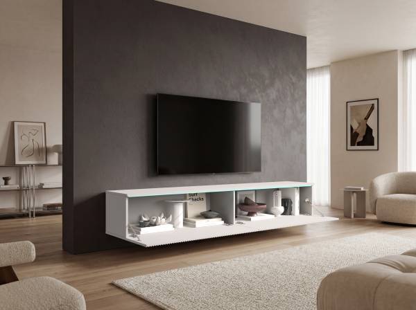 TV-Lowboard Minnas - 180 cm geriffelt Inkl. Beleuchtung - Weiß
