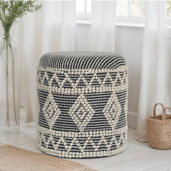 Polsterhocker Bekra Schwarz - Weiß - Wolle - 40 x 45 x 40 cm