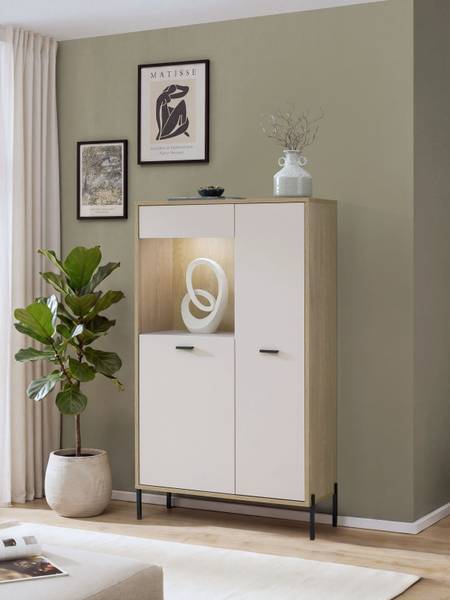 Highboard Cozar mit Glastür Kaschmir / Eiche Hell Dekor