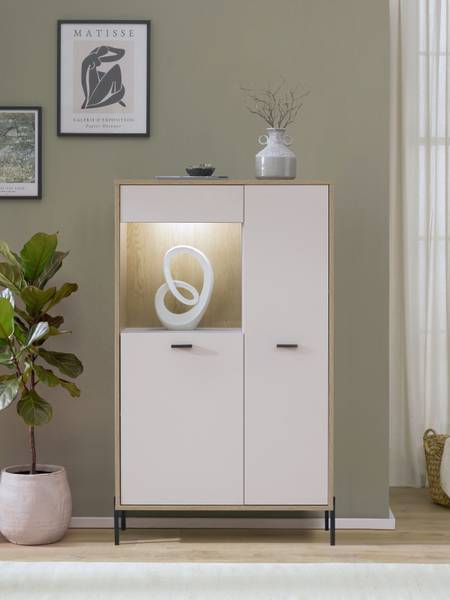 Highboard Cozar mit Glastür Kaschmir / Eiche Hell Dekor