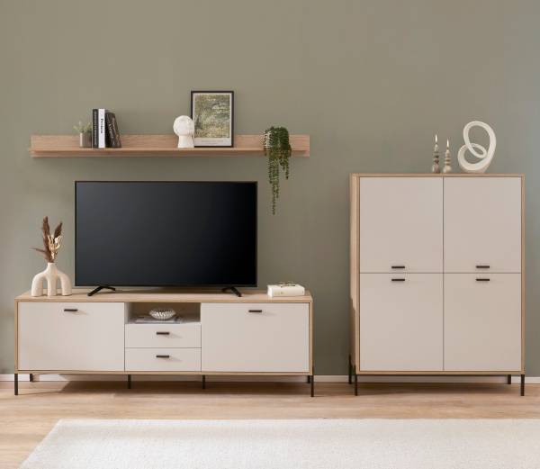 Wohnwand Cozar 3-teilig - Highboard Kaschmir / Eiche Hell Dekor