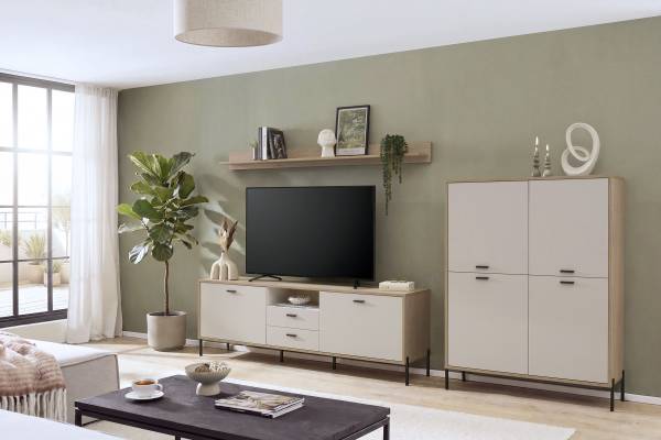 Wohnwand Cozar 3-teilig - Highboard Kaschmir / Eiche Hell Dekor
