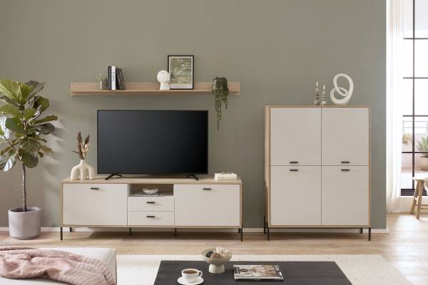 Wohnwand Cozar 3-teilig - Highboard Kaschmir / Eiche Hell Dekor