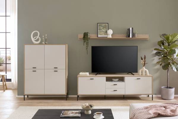 Wohnwand Cozar 3-teilig - Highboard Kaschmir / Eiche Hell Dekor