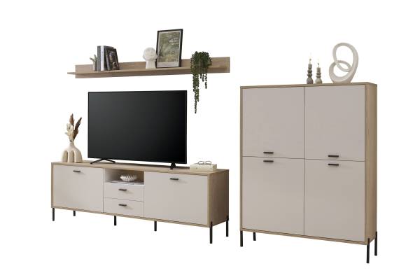 Wohnwand Cozar 3-teilig - Highboard Kaschmir / Eiche Hell Dekor