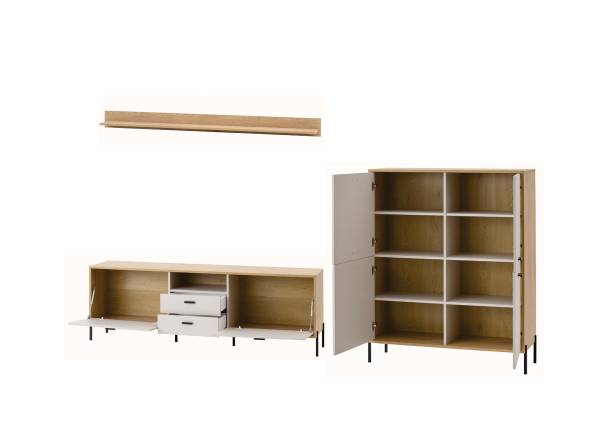 Wohnwand Cozar 3-teilig - Highboard Kaschmir / Eiche Hell Dekor