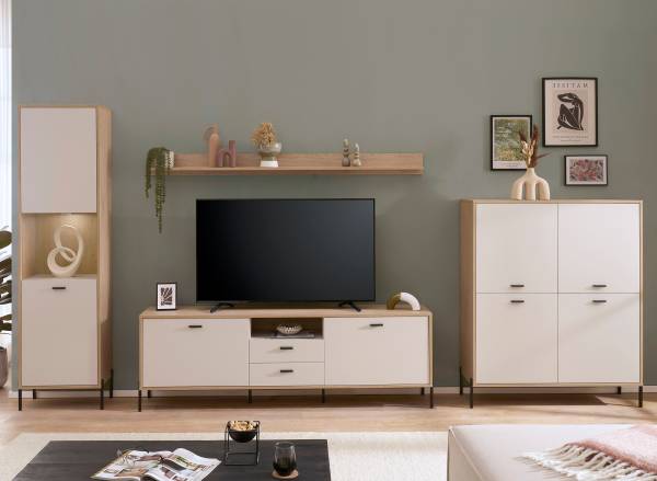Wohnwand Cozar 4-teilig - Highboard Kaschmir / Eiche Hell Dekor
