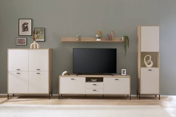 Wohnwand Cozar 4-teilig - Highboard Kaschmir / Eiche Hell Dekor