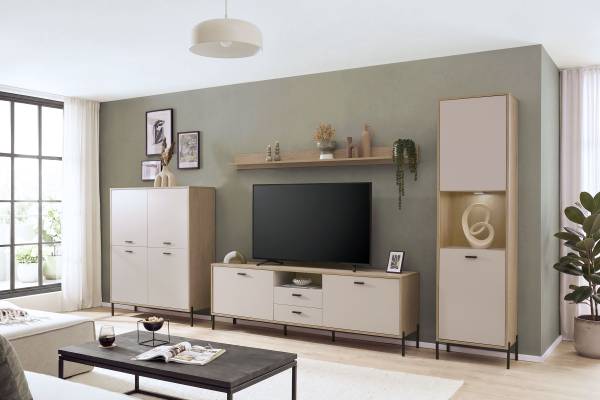 Wohnwand Cozar 4-teilig - Highboard Kaschmir / Eiche Hell Dekor