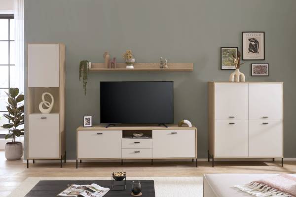 Wohnwand Cozar 4-teilig - Highboard Kaschmir / Eiche Hell Dekor