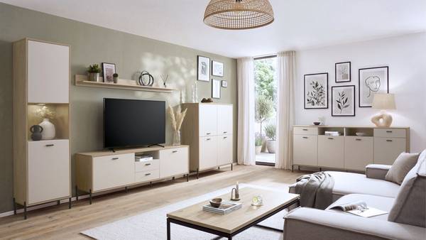 Wohnwand Cozar 4-teilig - Highboard Kaschmir / Eiche Hell Dekor