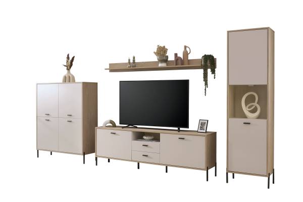 Wohnwand Cozar 4-teilig - Highboard Kaschmir / Eiche Hell Dekor