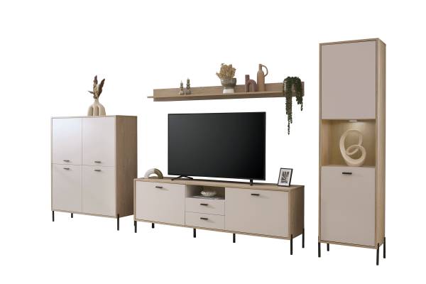 Wohnwand Cozar 4-teilig - Highboard Kaschmir / Eiche Hell Dekor