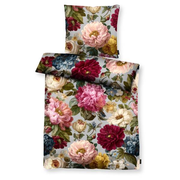 Mako-Satin-Bettwäsche Daphne Mako-Satin - Grau / Rot - 155 x 220 cm + Kissen 80 x 80 cm