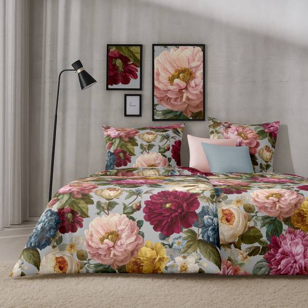Mako-Satin-Bettwäsche Daphne Mako-Satin - Grau / Rot - 155 x 220 cm + Kissen 80 x 80 cm