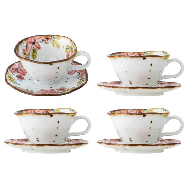 Tasse mit Untertasse Savina Rose 4er-Set Steinzeug - Mehrfarbig