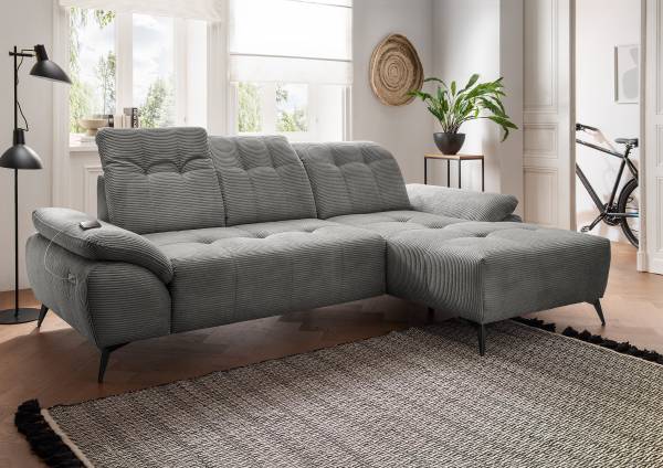 Ecksofa Baidi mit Longchair und Funktion Cordstoff Duana: Dunkelgrau - Longchair davorstehend rechts