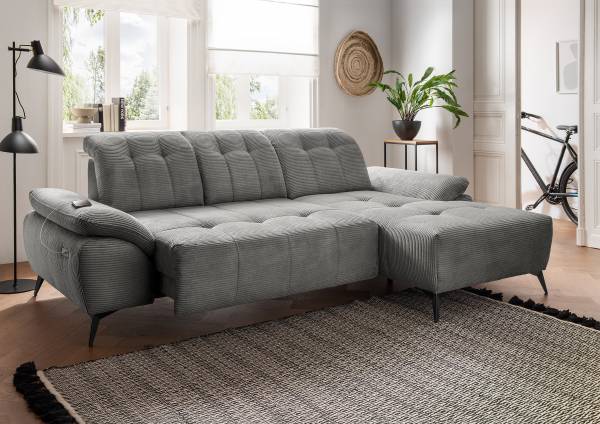 Ecksofa Baidi mit Longchair und Funktion Cordstoff Duana: Dunkelgrau - Longchair davorstehend rechts