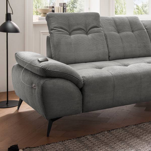 Ecksofa Baidi mit Longchair und Funktion Cordstoff Duana: Dunkelgrau - Longchair davorstehend rechts