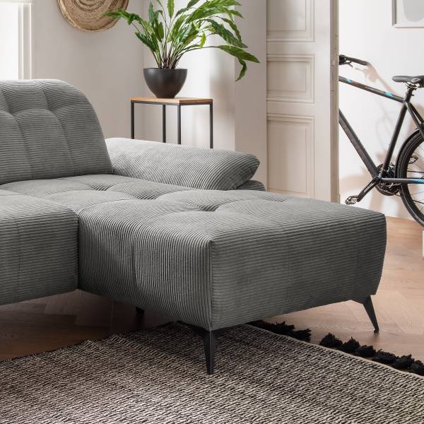 Ecksofa Baidi mit Longchair und Funktion Cordstoff Duana: Dunkelgrau - Longchair davorstehend rechts