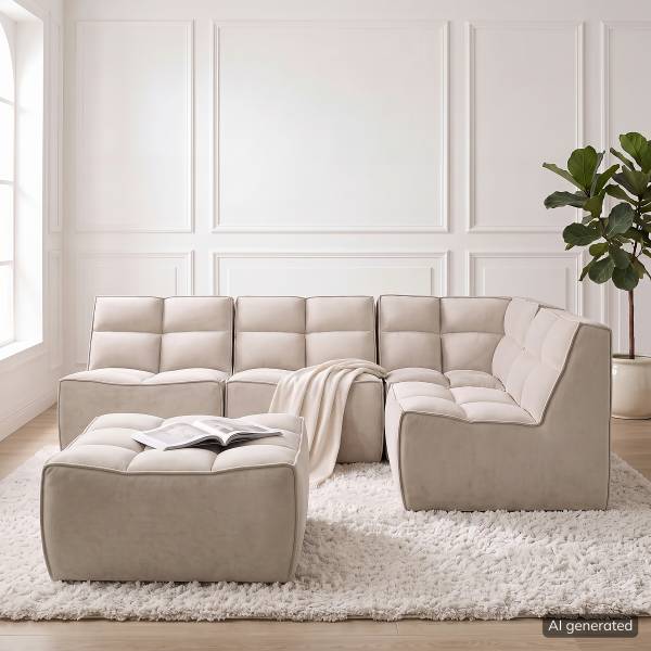 Modulares Ecksofa JUNEE mit Hocker Set B Beige - Samt