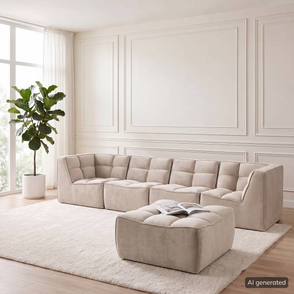 Modulares Ecksofa JUNEE mit Hocker Set C Beige - Samt