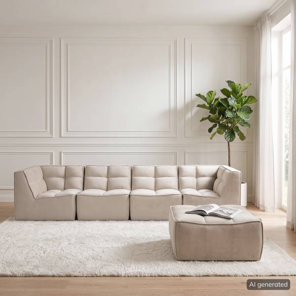 Modulares Ecksofa JUNEE mit Hocker Set C Beige - Samt