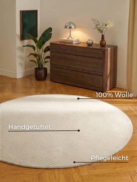 Wollteppich Eloise rund Wolle / Baumwolle - Creme - Durchmesser: 160 cm