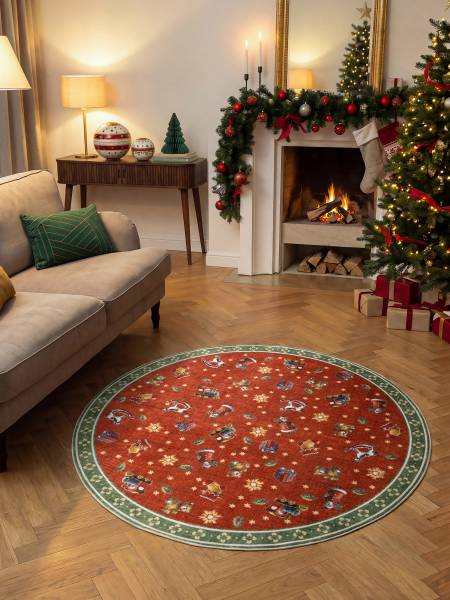 Kurzflorteppich Noel rund Polyester - Rot / Grün - Durchmesser: 160 cm