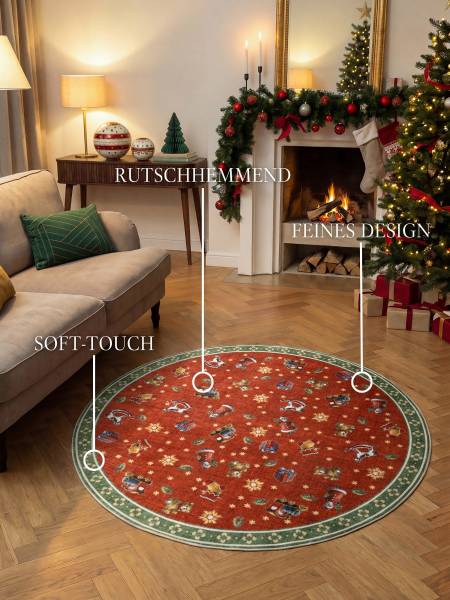 Kurzflorteppich Noel rund Polyester - Rot / Grün - Durchmesser: 160 cm