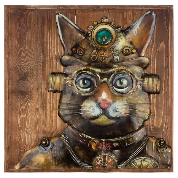 Metallbild Steampunk Cat Spießtanne massiv / Eisen - Braun / Grün