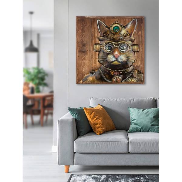 Metallbild Steampunk Cat Spießtanne massiv / Eisen - Braun / Grün