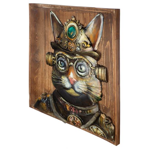 Metallbild Steampunk Cat Spießtanne massiv / Eisen - Braun / Grün