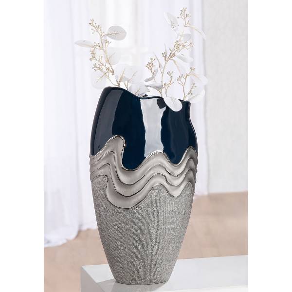 Vase Wavy Keramik - Dunkelblau / Silber