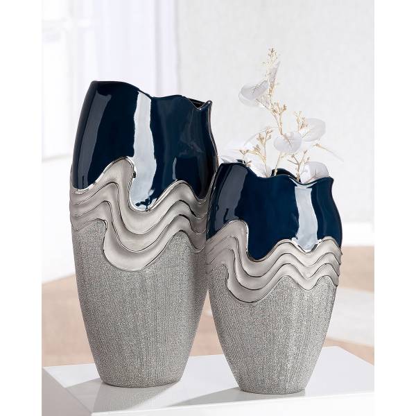 Vase Wavy Keramik - Dunkelblau / Silber